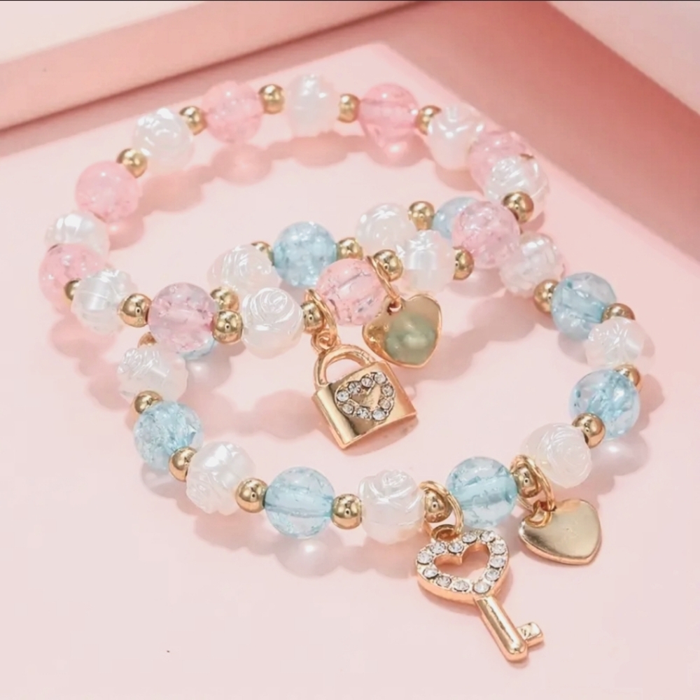 2pcs Girls Cute Lock Key Heart Pendant Bracelet, Flower Design Beaded Elastic - Picture 6 of 7